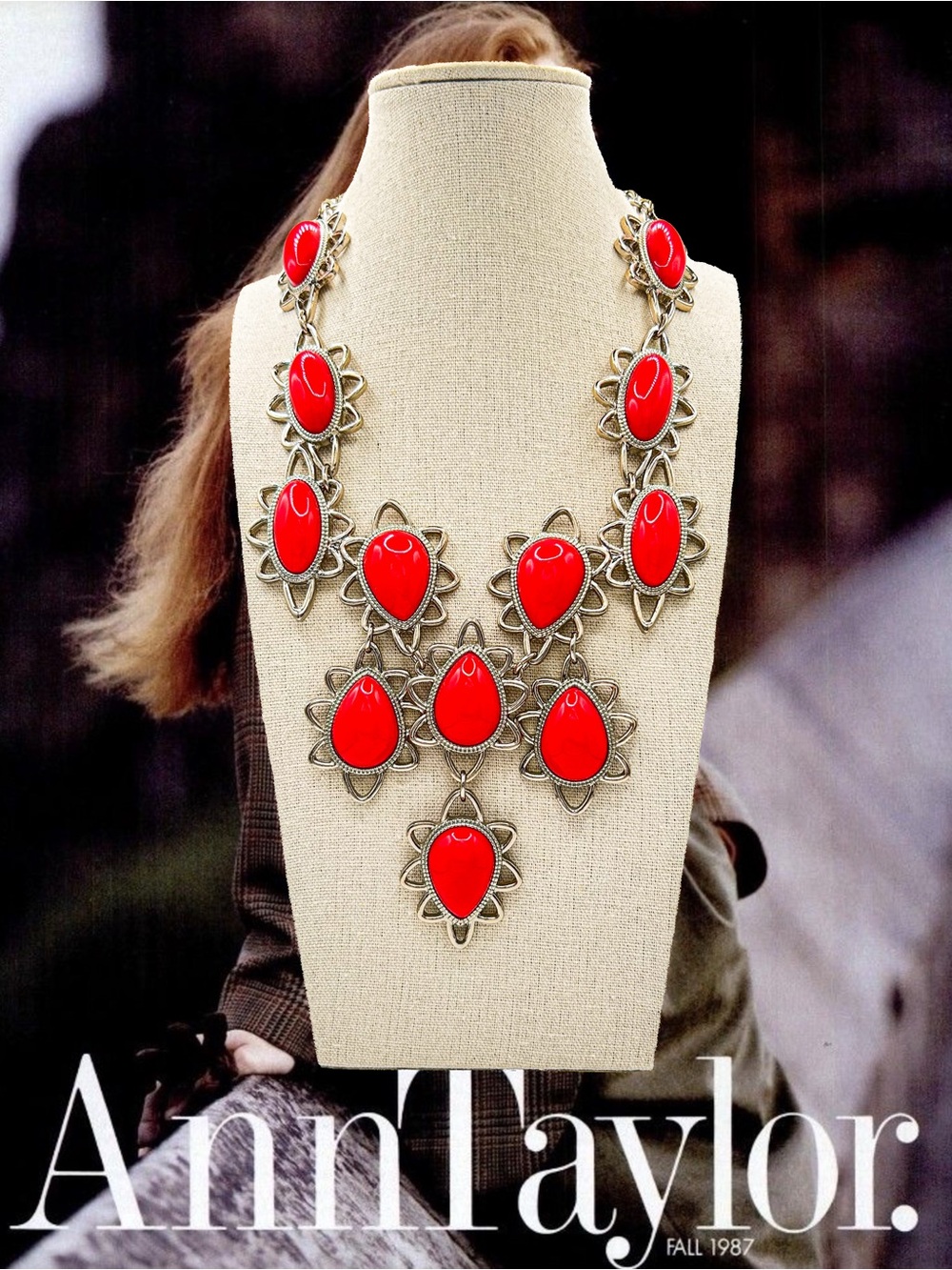 Ann Taylor Coral Red Statement Necklace, Silver Tone Openwork Links